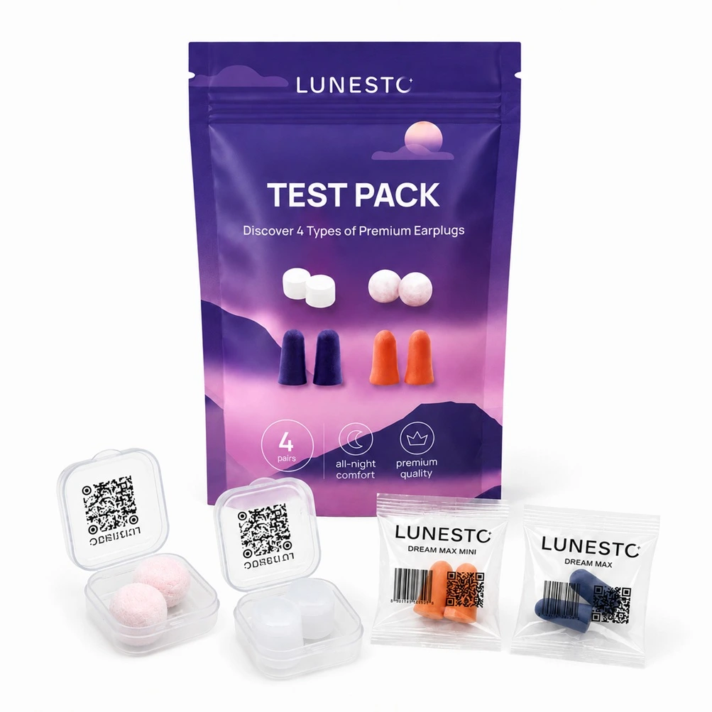 Obsah Lunesto Test Pack pěnové voskové a silikonové špunty do uší